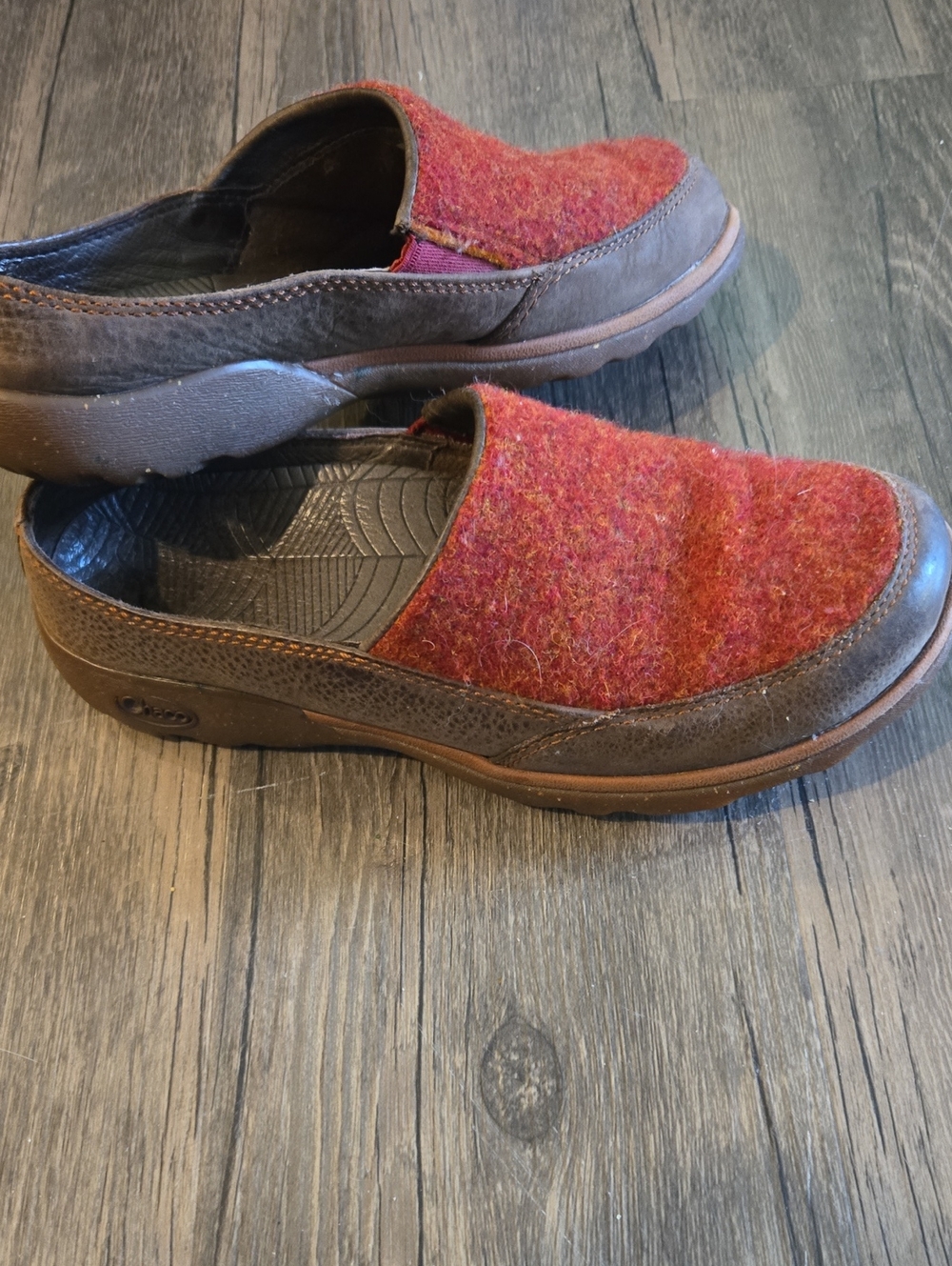 Chaco Women's Red Wool & Brown Leather Clog Mules